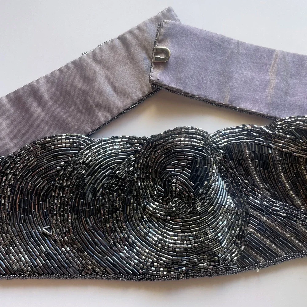 Vintage Beaded Belt Gray Art Deco Glam Evening Statement Maximalist Cinch Waist